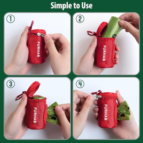 Dog Poop Bag Holder for Leash with Carabiner Clip Soft Fabric (Red)