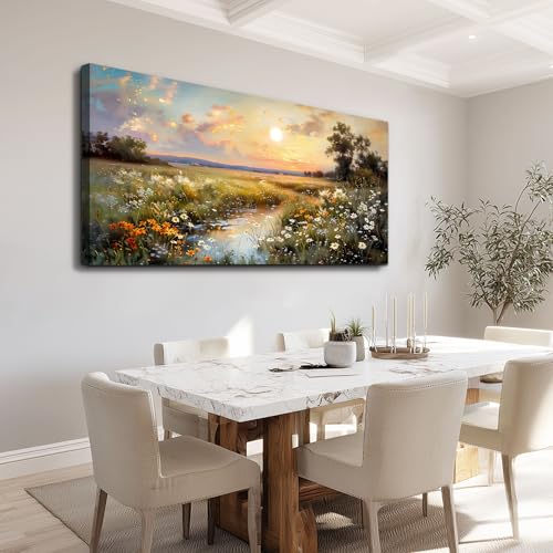 Canvas Wall Art For Living Room Wall Decor For Bedroom Office Decorations Vintage Farmhouse Wildflower Wall Paintings Nature Landscape Picture Artwork Aesthetic Home Decor Ready To Hang (40"L x 20"W / Rural Scenery)