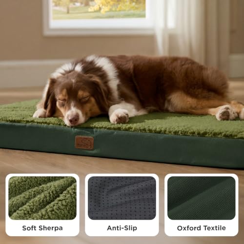 Washable Dog Beds Large Sized Dog with Comfy Sherpa (36"L x 27"W x 3"Th / Dark Green)