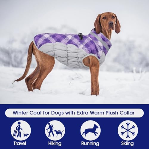 Dog Cold Weather Coats Reflective Dog Warm Jacket with Harness (Purple Plaid / XL(chest:30in）)