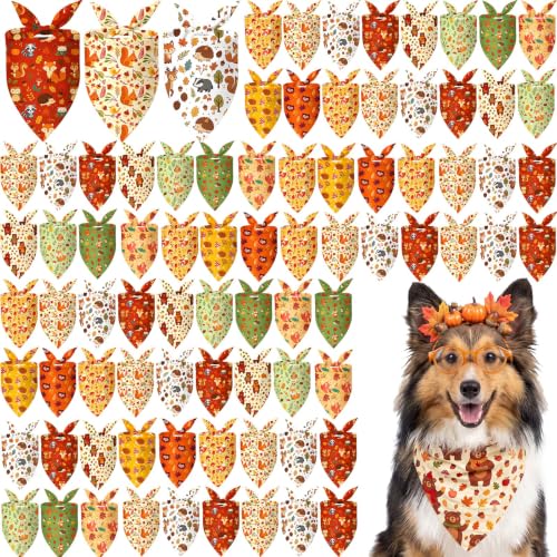100 Pcs Fall Dog Bandanas Bulk for Autumn Pet Soft Bibs Adjustable Squirrel Fox Hedgehog Kerchief Bandana for Small Medium Large Grooming Accessories (Fall Animals / 25.6 x 17.7 x 17.7 Inch)