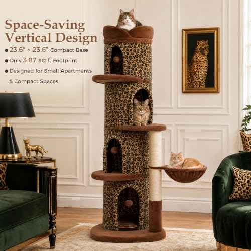 68.5" Leopard Print Cat Tree Tower with 4 Condos & Hanging Hammock (Classic Leopard Print / 69" Forest Cat Tree)