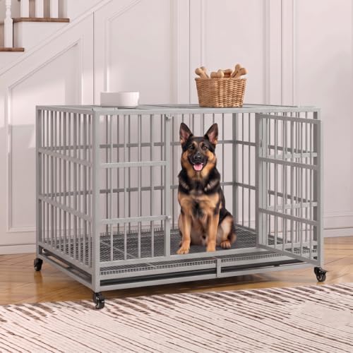 48 Inch Heavy Duty Dog Crate Cage with Wheels (Silver)