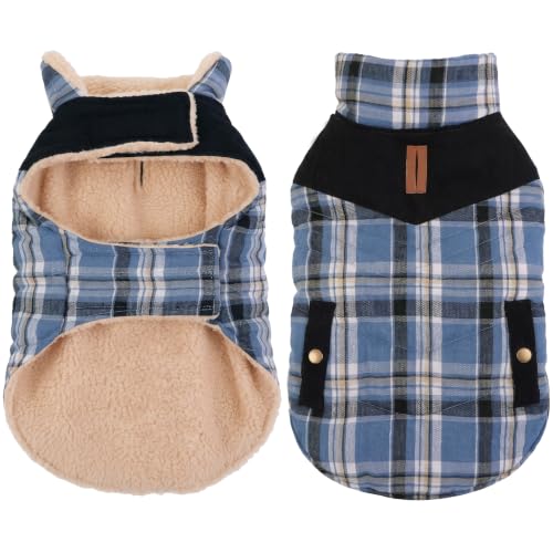 Plaid Dog Winter Jacket Waterpoof Coat Warm Cold Weather Vest (Small / Blue Plaid)