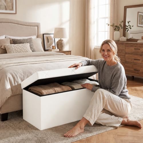 30 Inch Storage Ottoman Bench (Beige / 15.2"D x 30"W x 15.2"H)