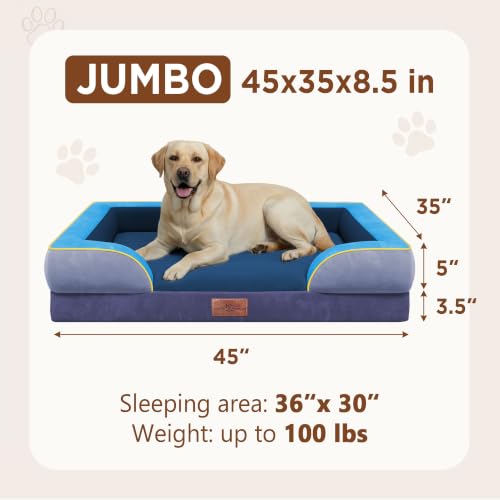Orthopedic Dog Bed for Extra Large Dogs with Bolster (45.0"L x 35.0"W x 8.5"Th / Hidden Bay)