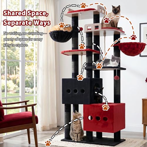 Sturdy Cat Tree Tower with 2 Large Condos (74.8 inches / Black and red)