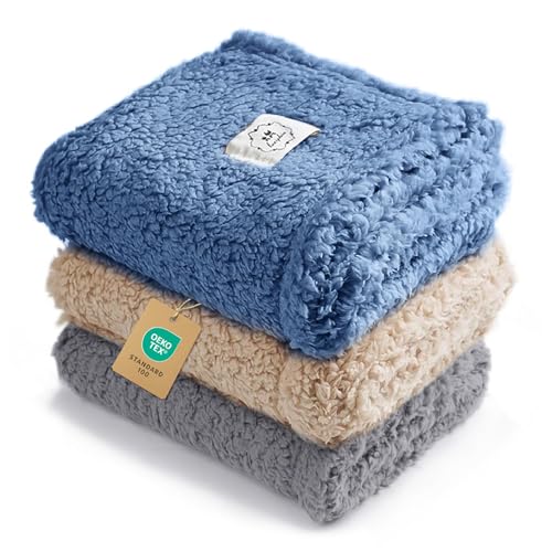 1 Pack 3 Calming Dog Blanket Fluffy Premium Fleece Pet Blankets Soft Sherpa Throw for Dogs Puppy Cat Grey (Medium (Pack of 3) / Grey/Beige/Hazeblue)