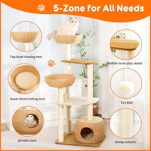 55.5 Inch Modern Cat Tree for Large Cats with Woven Rattan Beds (1)
