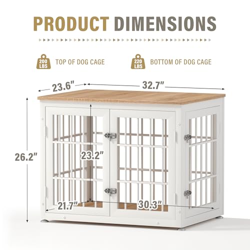 32" Heavy Duty Dog Crate Furniture for Small and Medium Dogs (White + Natural / 32.7"L x 23.6"W x 26.2"H)