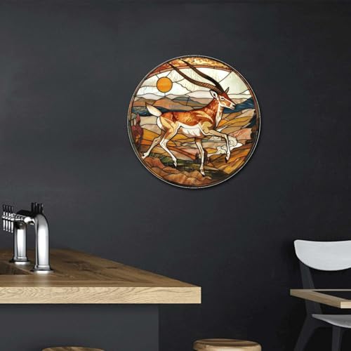 Metal Sign Tin Sign Circular Stained Glass Pronghorn Home Deccor Store Home Decor for Garden 12×12 Inches (12×12 Inches / Pronghorn)