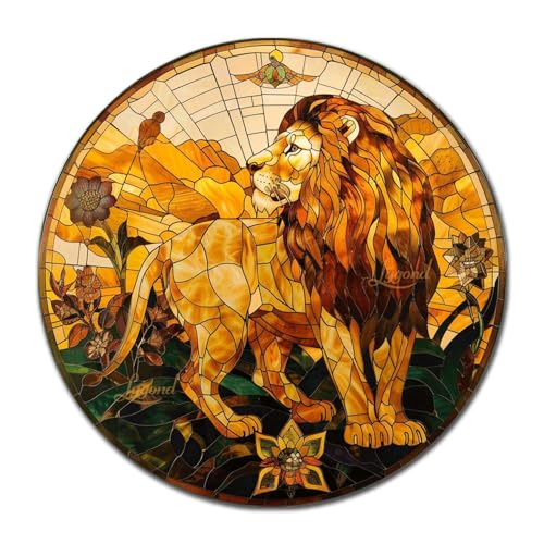 Metal Sign Tin Sign Circular Stained Glass Lion Greenhouse Decor For Pub 12×12 Inches (12×12 Inches / Lion-1)