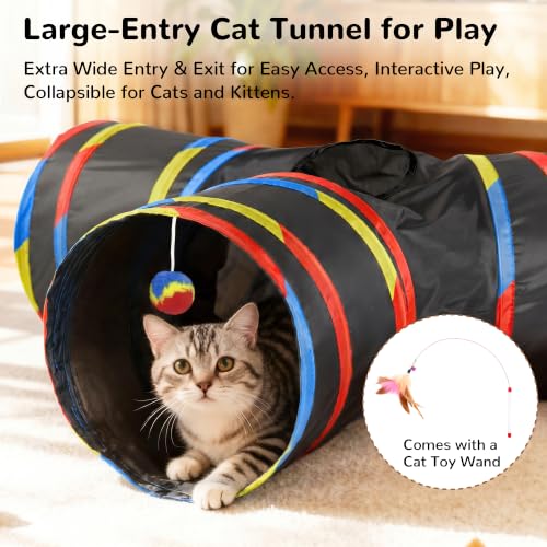 Cat Tunnel, 3-Way Collapsible Toy for Indoor Cats, Black & Rainbow (Black & Rainbow / Small)