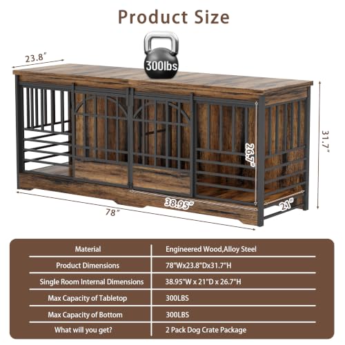 78" Double Dog Crate with Divider (Cognac Brown / 78.0"L x 23.8"W x 31.7"H)