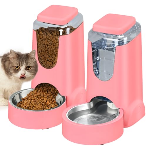 Automatic Cat Feeder and Water Dispenser with Stainless Steel Bowl Dog Gravity Food Feeder and Waterer for Small Medium Pets Puppy Kitten 1 Gallon x 2 (Pink)