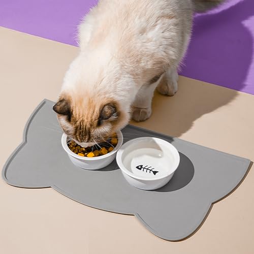 Cat Food Mat Silicone Non Slip Dog Bowl Mat Waterproof Cat Feeding Mat Stop Food Spills and Water Messes Out to Floor Pet Food Mat (Dark Gray / 17" x 10")