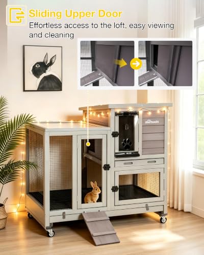 Rabbit Hutch Indoor Bunny Cage with Run Outdoor Rabbit House with Two Deeper No Leak Trays (Grey / 40.6"L x 26.0"W x 37.6"H)