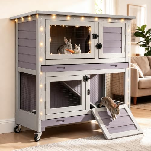 2 Story Wooden Rabbit Hutch with Chew ((Grey-AIR77))