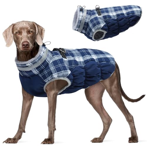 Dog Cold Weather Coats Reflective Dog Warm Jacket with Harness (Blue Plaid / XXXL(chest:43in))