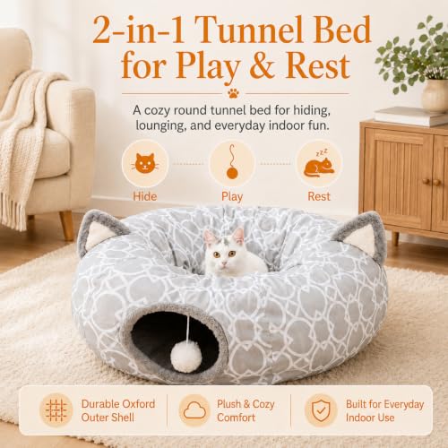 Geometric Cat Tunnel Bed Under Christmas Tree Oxford Outside with Plush Inside (Big Tunnel Bed)