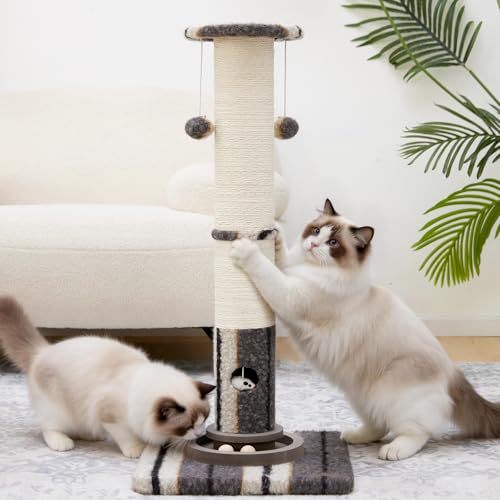 Cat Scratching Post 34"Tall Grey Sisal Scratcher Tree With Cat Toy (Grey)