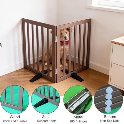 Freestanding Indoor Dog Gate for House Foldable Wood Puppy Gate for Doorways Pet Gate for Stairs Extra Wide Pet Fence (Brown / 【2 Panels】40''w x 32''h)