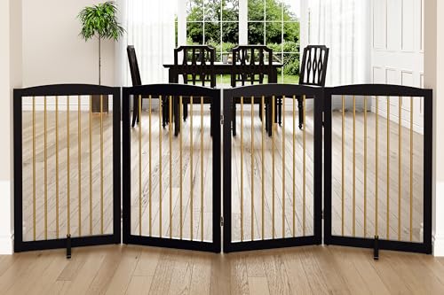 Freestanding Pet Gate for Dogs (32" Height-4 Panel / Black & Gold)