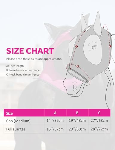 Horse Fly Mask with Forelock Opening Stretch Breathable and Comfortable for Horses UV (Fuchsia / L)