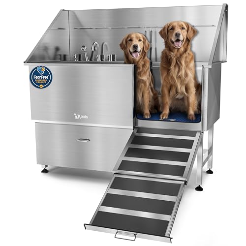 Professional Dog Washing Station 304 Stainless Steel Pet Wash Sink (Silver, Right Ramp, 1 Drawer / 61 Inches)