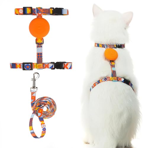 Adjustable Cat Harness and Leash Set Escape Proof Kitten Strap Collar for Walking Travel (Small / Orange(Geometry))