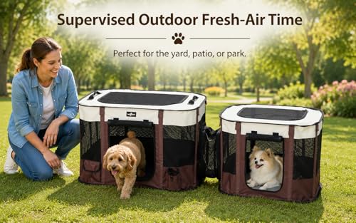 2-in-1 Dual-Zone Pet Playpen for Cats & Small Dogs, Portable Indoor Outdoor Pet Enclosure with Connected Rest & Feeding Areas, Foldable Pet Tent with Carrying Bag (Brown / Medium (2-IN-1))