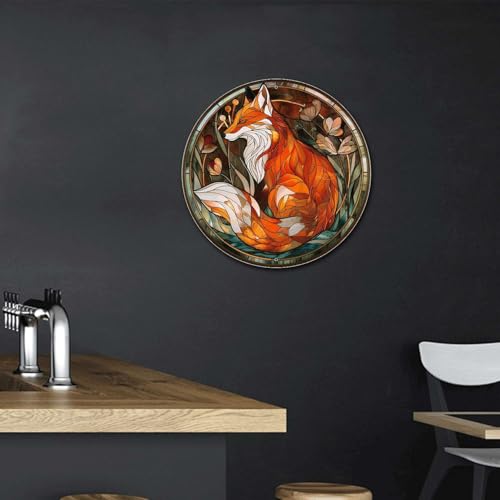 Metal Sign Tin Sign Circular Stained Glass Red Fox Bar Signs for Home Bar for Garage 12×12 Inches (12×12 Inches / Red Fox-1)