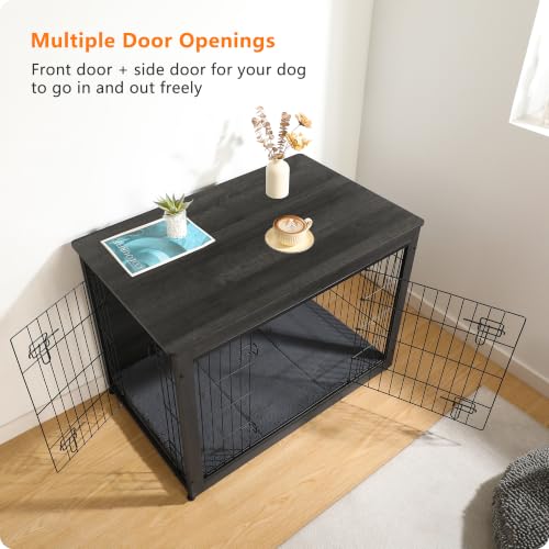 38.5" XL Dog Crate Furniture with Cushion (Dark Gray / 38.5"L x 25.6"W x 26.8"H)