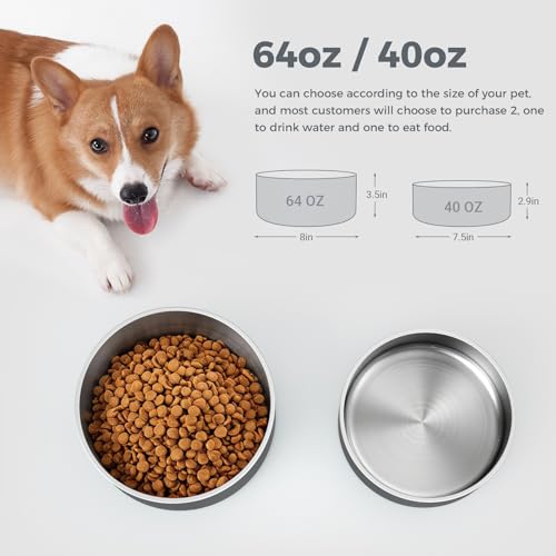 Dog Bowl Stainless Steel Food and Water Bowl (64 oz / Deep Grey)