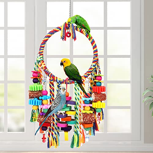 Bird Toys Bird Rope Ring Swing Perch with Corn Cob Cardboard Bagels Wooden Blocks Chewing Toys for Parakeets