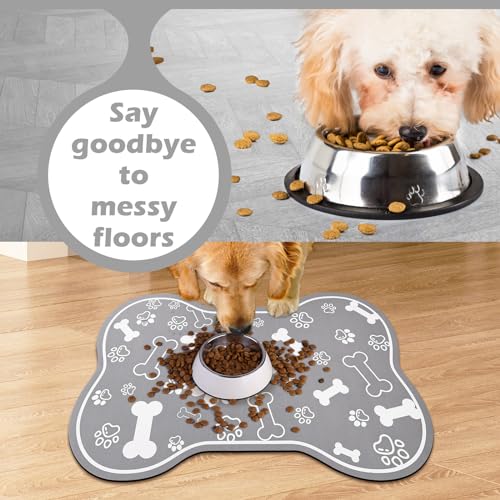 Dog Cat Food Mat (24"L x 16"W / Bone Shaped Grey)