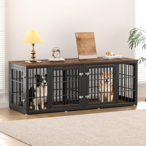72" Heavy Duty Double Dog Crate Furniture for Large (Black + Rustic Brown / 72.8"L x 25.6"W x 27.5"H)
