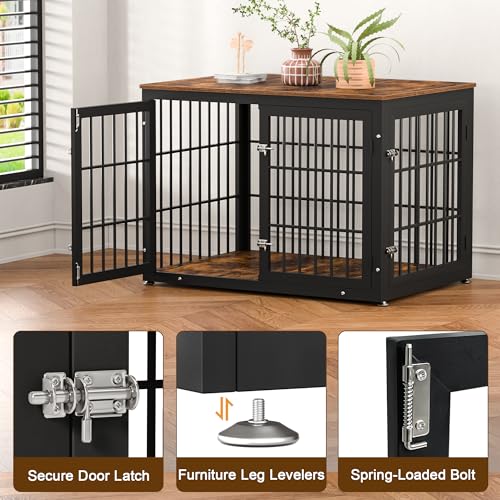 42" Heavy Duty Dog Crate Furniture for Large and Medium Dogs (Black + Rustic Brown / 42.1"L x 29.9"W x 30.4"H)