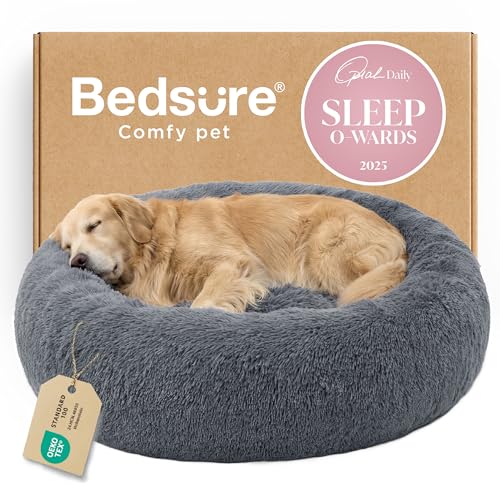 Calming XL Dog Bed Donut Washable Extra Large Pet Bed (45"L x 45"W x 10"Th / Dark Grey)