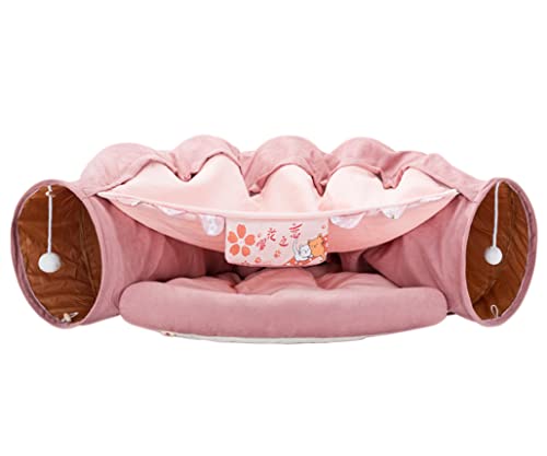2 in 1 Cat Tunnel Bed Tube with Cushion and Plush Ball Toy Playground Crinkle Collapsible for Large Cats Kittens Kitty Puppy Small Dog Foldable Soft Pet Play Bed Indoor Outdoor