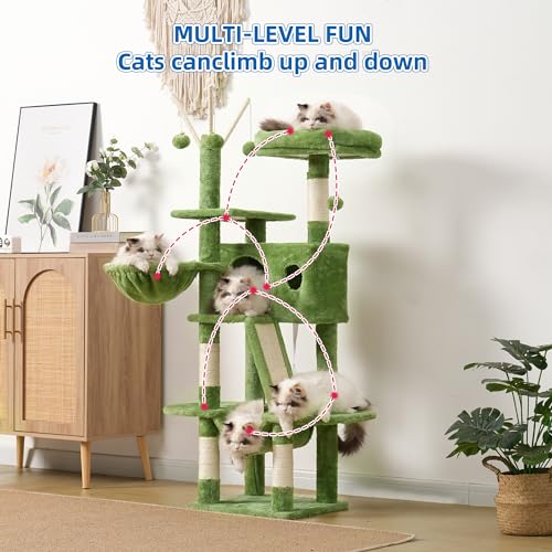 Cat Tree Tower with Padded Platform Bed (53 Inch / Green)