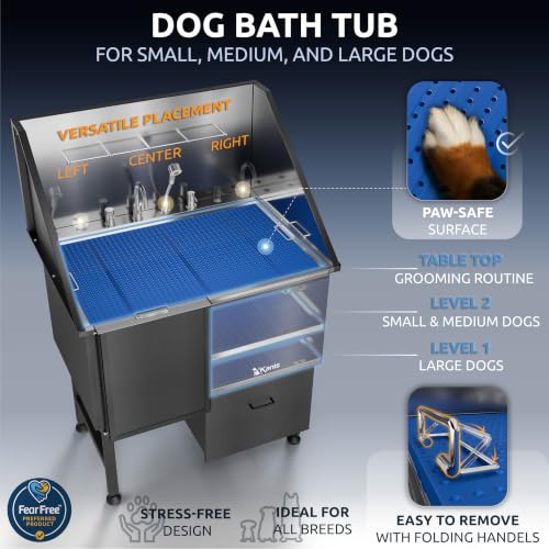 Professional Dog Washing Station 304 Stainless Steel Pet Wash Sink (Black, Left Ramp, 1 Drawer / 40 Inches)