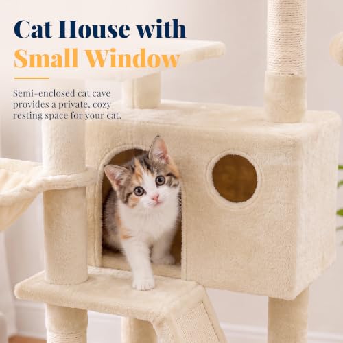 Cat Tree Tower with Padded Platform Bed (53 Inch / Beige)