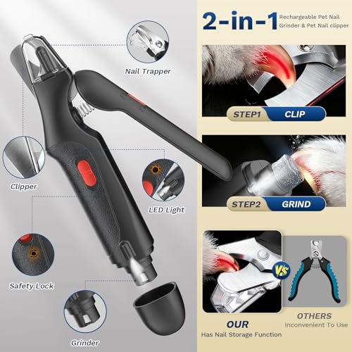 2 in 1 Dog Nail Clippers & Cat Nail Clippers Trimmers for Large Medium Small Dogs Cats Claw Trimmer Quick Sensor and Safety Guard USB Rechargeable Dogs Nail Trimmer with Catcher & 2 LED Lights (Black)