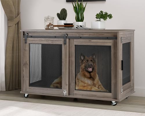 47" Grey Heavy Duty Wooden XXL Dog Crate Furniture for Extra Large Dogs (grey)