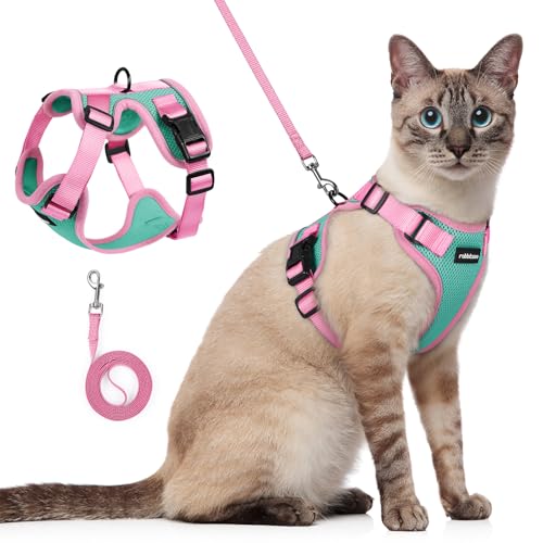 Cat Harness and Leash Set (Green & Pink / S)