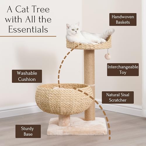 3 Level Handwoven Paper Rope Cat Basket Bed and Perch with Scratching Post (Light Brown)