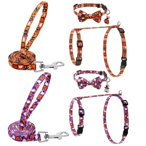 2 Pack Halloween Cat Harness and Leash Breakaway Cat Collars with Bow tie (Halloween Orange,Purple)