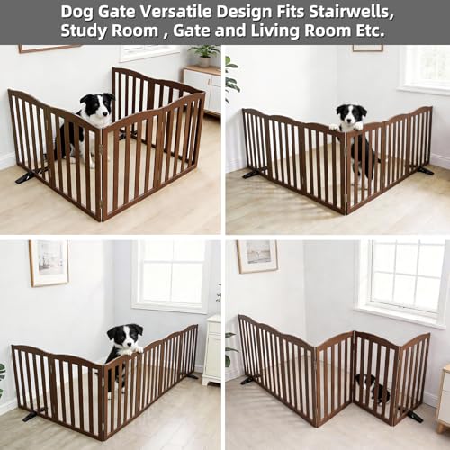 Foldable Freestanding Indoor Dog Gate for House Wood Long Pet Gates Dog Fence for Stairs Puppy Gates for Hallways (Brown / 【6 Panels】120''w X 32''h)
