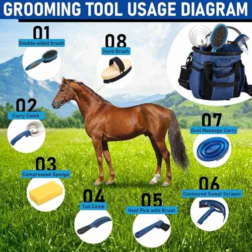 9 Pcs Horse Grooming Kit Tack Room Supplies (Classic / Dark Blue)